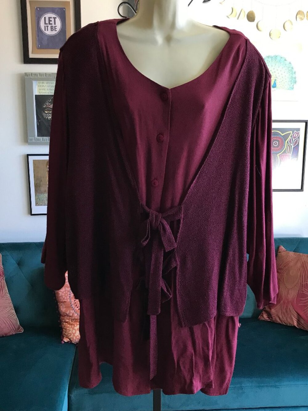LIDA CAPUTO size 28W Burgundy Layered Tie Front Artsy Vintage 90's Tunic Top